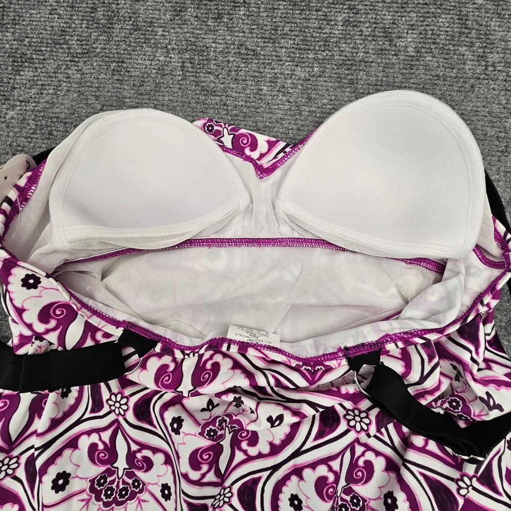 Swim Solutions Fauxkini 8 Magenta Triple Tier Paisley Tummy Control Swimsuit - Picture 3 of 11